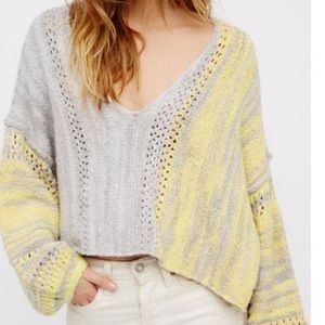 Free People Amethyst Pullover Gray Yellow Oversized Crop Sweater